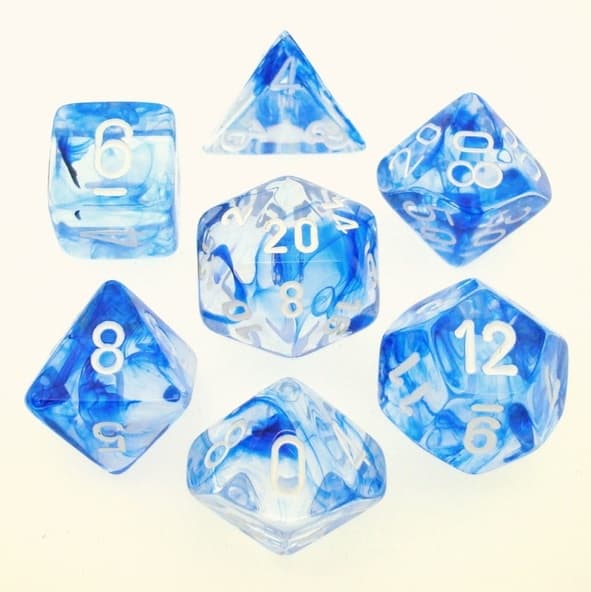 7 Die Set Chessex NEBULA BLUE white Dice BLU bianco Dadi Dado 27466 immagine 1