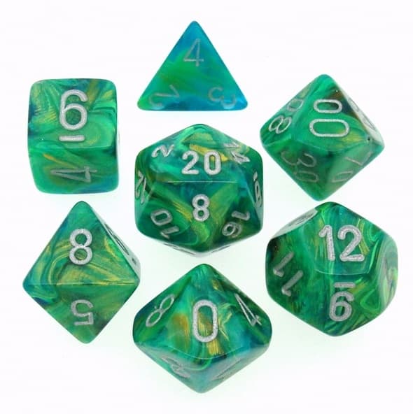 7 Die Set Chessex LUSTROUS GREEN silver Dice VERDE argento Dadi Dado 27495 immagine 1