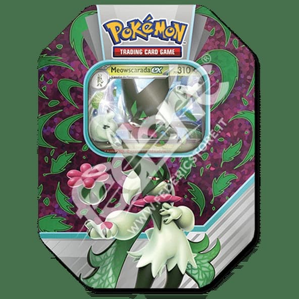 Pokemon Tin da collezione Paldea Partners Meowscarada EX Mazzo Deck Box Metallo INGLESE immagine 1
